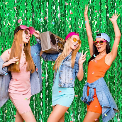 4 Pack Green Fringe Curtain Backdrop 3.2Ft x 8.2Ft Metallic Tinsel Foil Fringe Streamers Background for Photo Booth, Easter, Mother's Day, Bachelorette, Wedding, Birthday Party Decoration
