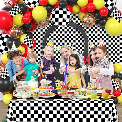 WNINK 6 PCS Racing Car Theme Tablecloths Car Disposable Plastic Tablecloths Black Checkered Flag Table Covers Racetrack Rectangular Tablecloth for Race Car Birthday Party Decorations, 54 x 108 Inch