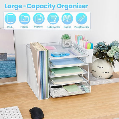 Desk Organizer, 5-Tier Paper Letter Tray Organizer with File Holder, Drawer and Pen Holder, Desktop Organizer for Office Supplies, White
