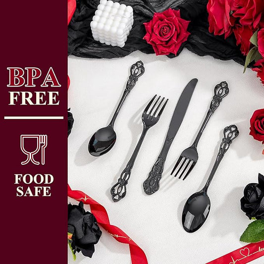 150PCS Black Plastic Silverware - Heavy Duty Disposable Cutlery Sets - Fancy Plastic Utensils Flatware Include 50 Forks, 50 Spoons, 50 Knives for Catering, Dinners, Weddings, New Year Party