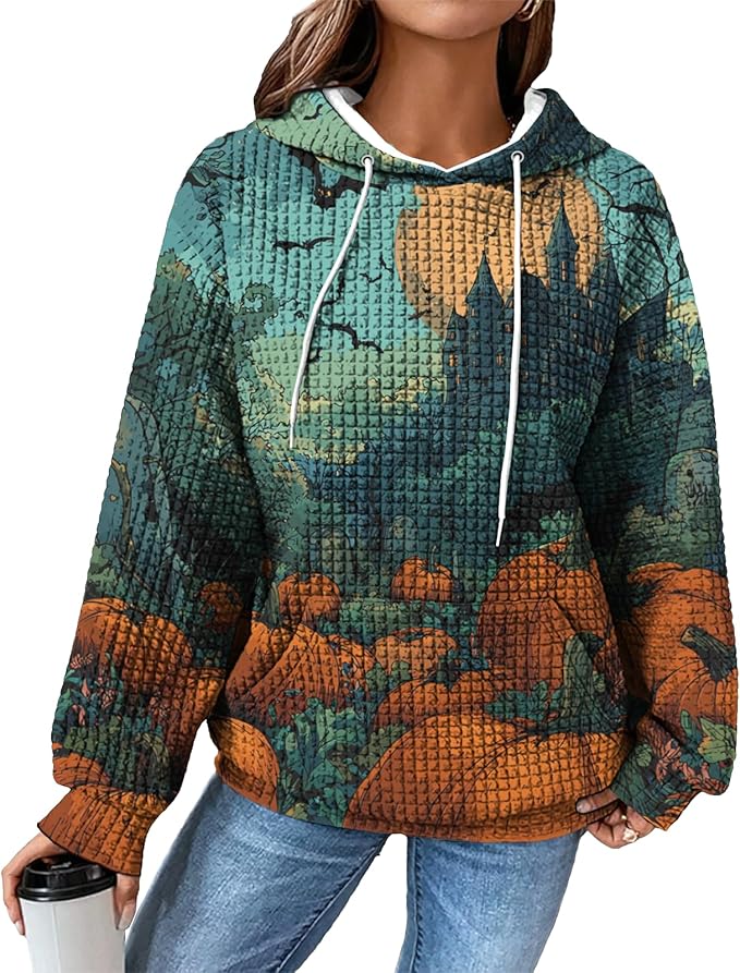 Halloween Sweatshirts for Women Novelty Graphic Drawstring Waffle Hoodies Loose Casual Pullover Tops with Pocket