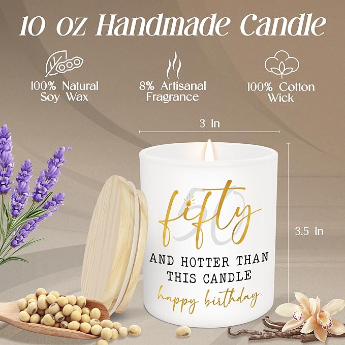 Christmas 50th Birthday Gifts for Her - Long Lasting Vanilla Lavender Candle 10 oz - Funny 1975 Birthday Gifts for Women Wife Mom Sister Friend, Gift for 50 Year Old Woman, Fifty Candles