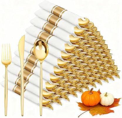 SUT 100 Pack Pre Rolled Silverware Set Disposable, 400pcs Gold Plastic Utensils Include 100 Forks, 100 Knives, 100 Spoons and 100 Napkins, Wrapped Plastic Cutlery Set With Napkin for Wedding
