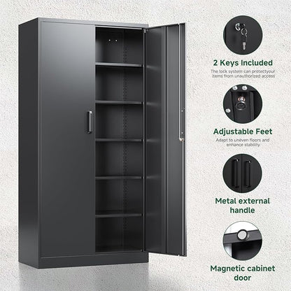 Letaya Metal Storage Cabinets with Lock Doors,Tall Locker Organizer Steel Garage Cabinets, 5 Adjustable Layers Shelves for Home, Office, Warehouse,Tool,Industrial(Black)