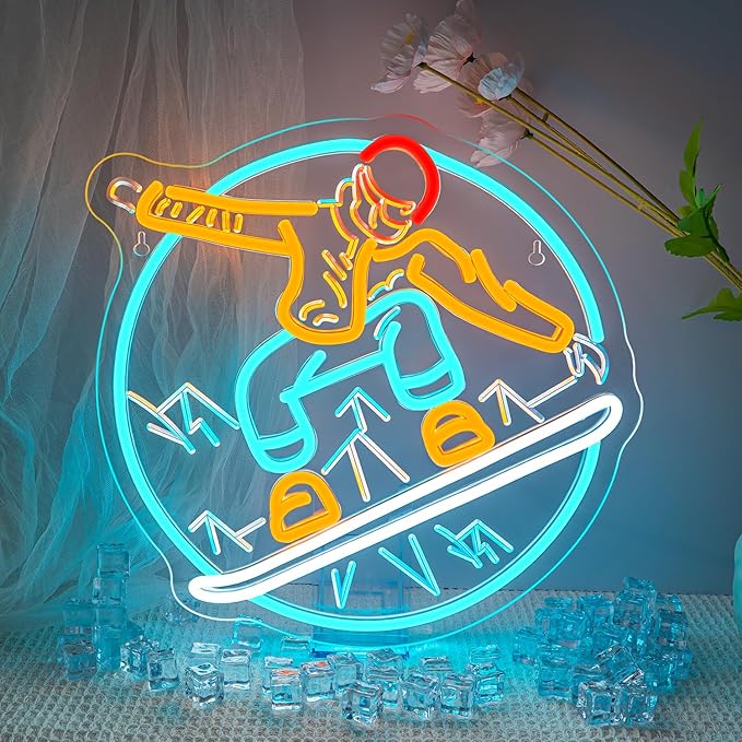 Lucunstar Snowboard Neon Sign LED Light Ski Decor Skiing Neon Light Up College Room Party Apres Ski Decor for Lodge LED Outdoor Sport Gifts for Teens Snowboard Lover