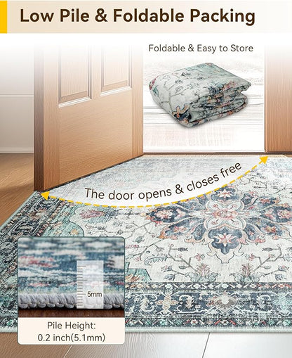Area Rugs 10'x12' Washable Non-Slip, Floral Vintage Distress Print Pattern Medallion Carpet for Living Room Bedroom Dining Room, Green Navy Blue White Red Teal Colorful
