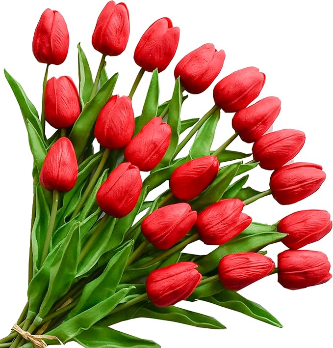 ONLY ART Artificial Red Tulips 20 Pcs – 13.5 Inch PU Faux Flowers with Bendable Stems for Home Décor, Wedding Centerpieces, DIY Floral Arrangements, Table Decorations