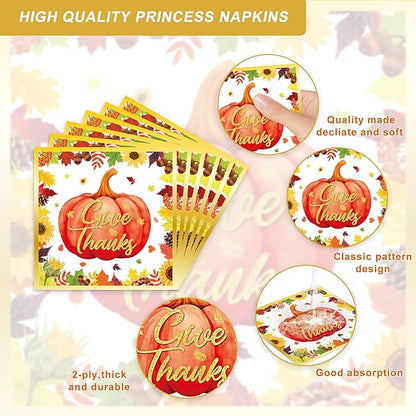 123PCS Thanksgiving Party Supplies for Fall Pumpkin Themeds Party Decorations Autumn Harvest Tableware Set for Kids Childs Leaves Dessert Plates Napkins Cups with Tablecloth and Banner for 20 Guests
