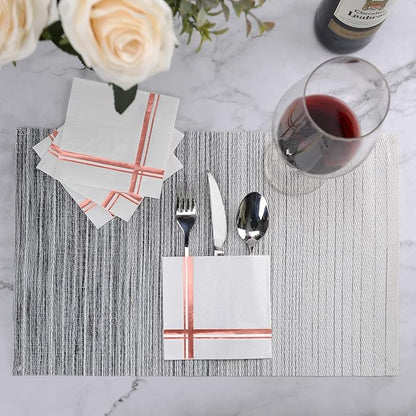 Rose Gold on White Cocktail Napkins - 100 Pack, 5" x 5", 3-Ply Paper - Style Name: Blissful Crossing