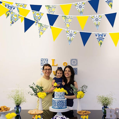 32Ft Capri Lemon Party Decorations Blue Tiles Yellow Lemon Fabric Pennant Banner Triangle Flag Garland Streamer for Amalfi Coast Capri Yellow Blue Tiles Mediterranean Birthday Baby Shower Supplies