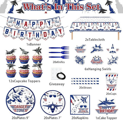 163PCS Air Force Party Fighter Jet Pilot Birthday Party Decorations ,Top Party Supplies Gun Plates and Napkins Military Jet Tableware,Banner, Hanging Swirls, Tablecloth, the Danger Zone Cake Topper
