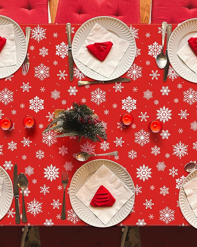 4 PACK Christmas Tablecloths, 54" x 108" Holiday Party Decor, Snowflakes Tablecloth Xmas Plastic Tablecloth Disposable Table Cloth Rectangle Tablecover, Christmas Decorations Holiday Party Supplies
