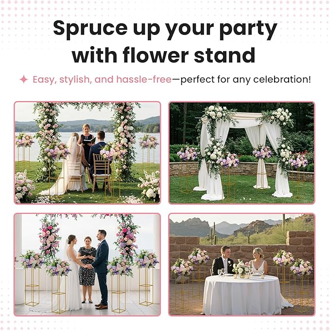 YALLOVE 2 Pcs 31.5 Inch Metal Flower Stand, Gold Centerpieces Vases Stand With Clear Acrylic Sheets, Geometric Display Rack for Wedding Party Decorations