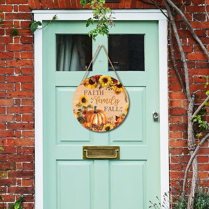 Faith Family Fall Front Door Sign Fall Sunflower Pumpkin Door Decorations Wood Sign Autumn Harvest Wreath Door Hanger Farmhouse Fall Plaques Wall Hanging Decoration for Home Proch Yard 12"x12"
