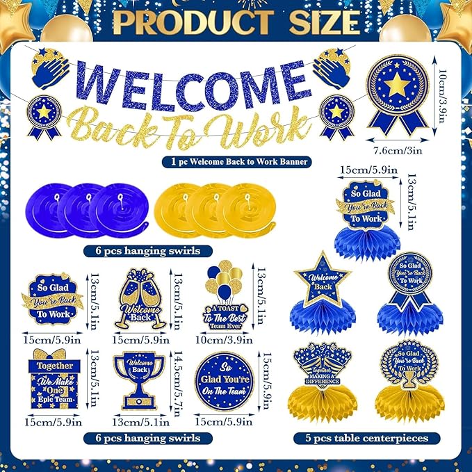 12pcs Welcome Back to Work Decorations Office Blue Gold So Glad You're Back To Work Banner and Hanging Swirls Table Centerpieces Office Party Supplies for Indoors Outdoors