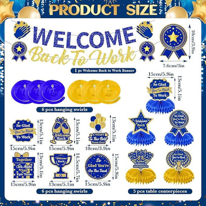 12pcs Welcome Back to Work Decorations Office Blue Gold So Glad You're Back To Work Banner and Hanging Swirls Table Centerpieces Office Party Supplies for Indoors Outdoors