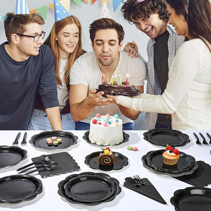 96 Pcs Black Paper Plates and Napkins Set Party Supplies, Tableware set for 24 Guest include Disposable Black Scalloped Plates, Napkins and Forks for Birthday Wedding Picnic