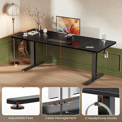 Huuger 71 x 30 Large Electric Standing Desk, Height Adjustable Computer Desk, 29.5" Deep Desktop, Stand up Gaming Office Table with 2 Hooks, 3 Preset Heights, for Home Office, Black