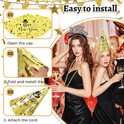 96 Pcs New Year's Eve Party Supplies for 24 Guests, 2026 Happy New Years Decoration with Silver Gold Black Top Hats, Cone Hats, Glitter Tiaras, Beaded Necklace, Squawkers, Noise Makers for Party Decor