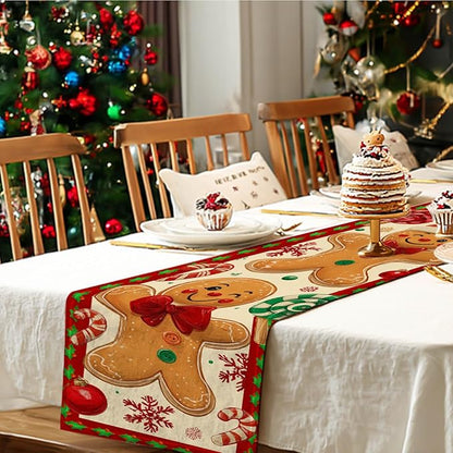 Christmas Gingerbread Table Runner 13x72 in Winter Table Runner Burlap Farmhouse Dining Tables Decoration with Candy Canes Red Green Christmas Design Holiday for Kitchen Dining Party Decor