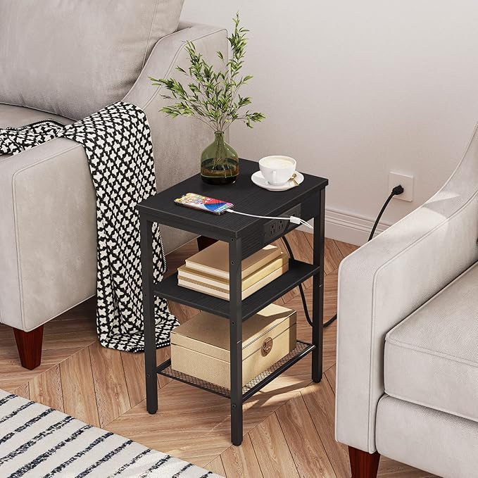 HOOBRO Side Table with Charging Station and USB Port, Small End Table for Small Space, 3-Tier Nightstand with Adjustable Shelf, for Living Room, Bedroom and Balcony, Black BB112BZ01