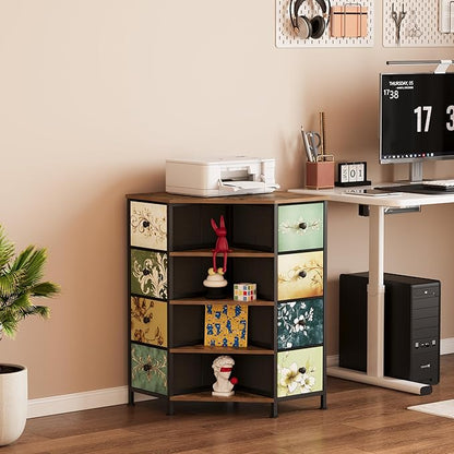 LUMTOK 8 Drawers Corner Dresser with Storage Fabric Drawers and Open Shelves for Small Space，Bedroom，Entryway，Living Room (Retro Pattern)