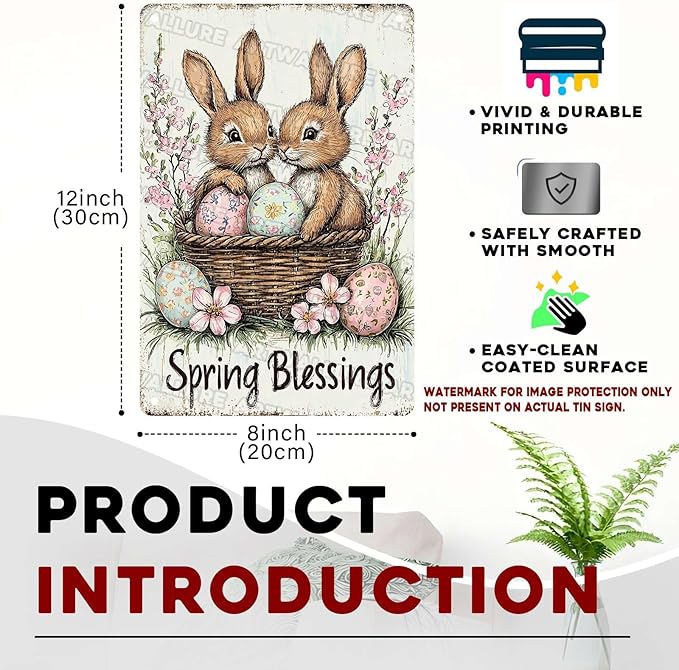 Easter Tin Sign Rabbit Spring Blessing Vintage Metal Sign Retro Easter Decor for Home Living Room Yard Garden Wall Decor 8x12Inch