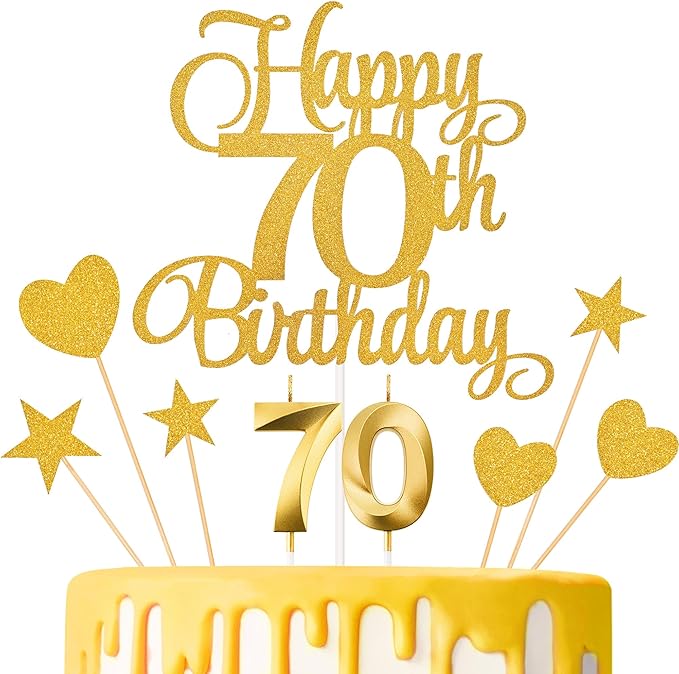 70th Birthday Cake Decorations, 70th Birthday Candles Cake Numeral Candles and Glitter Happy 70th Birthday Cake Toppers Set for Birthday Party Supplies (Gold)