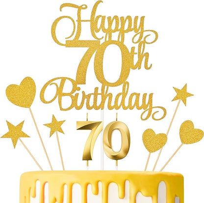 70th Birthday Cake Decorations, 70th Birthday Candles Cake Numeral Candles and Glitter Happy 70th Birthday Cake Toppers Set for Birthday Party Supplies (Gold)