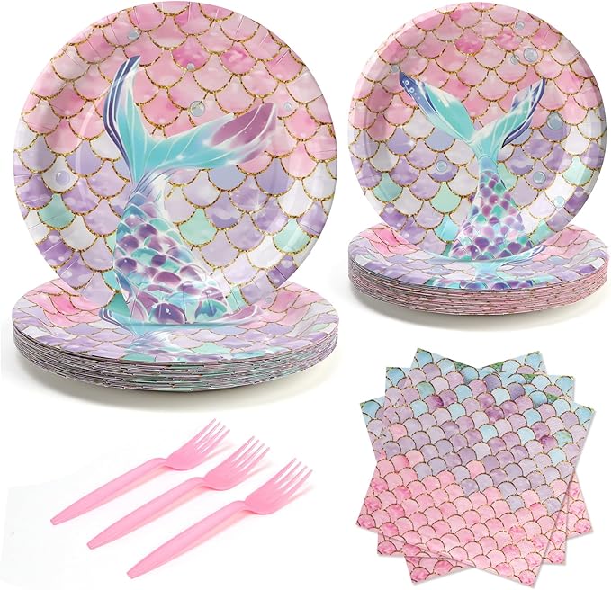96pcs Mermaid Plates and Napkins Under the Sea Paper Plates Mermaid Fishtail Disposable Tableware Set for 24 Guests Baby Shower Wedding Birthday Party Supplies Decorations
