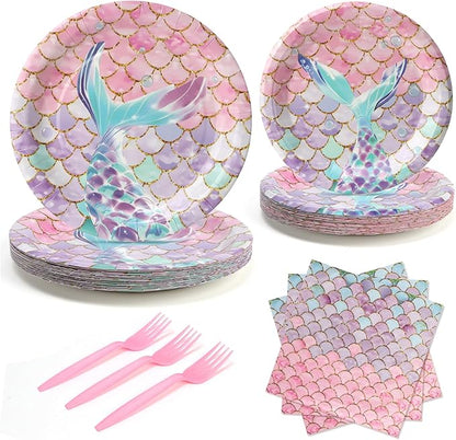 96pcs Mermaid Plates and Napkins Under the Sea Paper Plates Mermaid Fishtail Disposable Tableware Set for 24 Guests Baby Shower Wedding Birthday Party Supplies Decorations