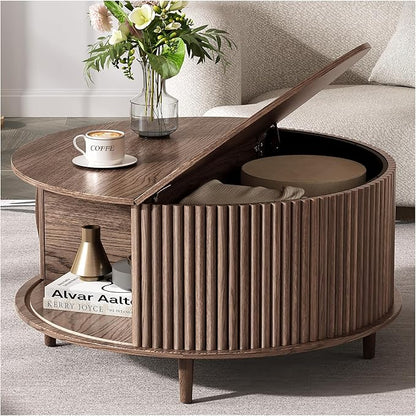 Round Coffee Table with Storage, 31.5" Fluted Center Table for Living Room, Modern Walnut Wood Circle Drum Table with Sliding Cabinet Door, Mid Century Furniture for Small Space