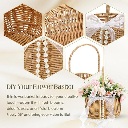 1 Pcs Wicker Rattan Flower Girl Basket with Bows and Pearl 11.8x8.7x5.1 Inches Rustic Wedding Basket for Flower Girl, Hand Woven Willow Storage for Ceremonies Home Decoration (Classic)