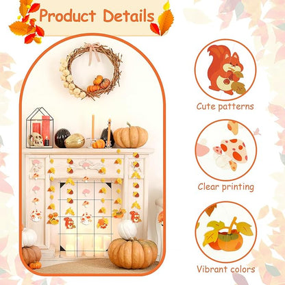 Dayker Autumn Party Decoration, Reusable Mushroom Maple Leaf Hanging Garland, 22.64ft Fall Squirrel Banner for Thanksgiving Harvest Festival Christmas Birthday and Wedding Backdrop