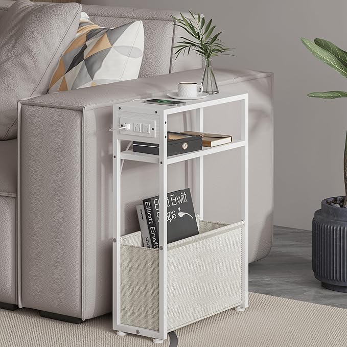 White Side Table with Charging Station, Slim End Tables with Linen Basket, Skinny Table for Small Spaces, Thin Bedside Table for Living Room, Bedroom