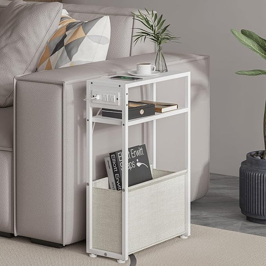 White Side Table with Charging Station, Slim End Tables with Linen Basket, Skinny Table for Small Spaces, Thin Bedside Table for Living Room, Bedroom