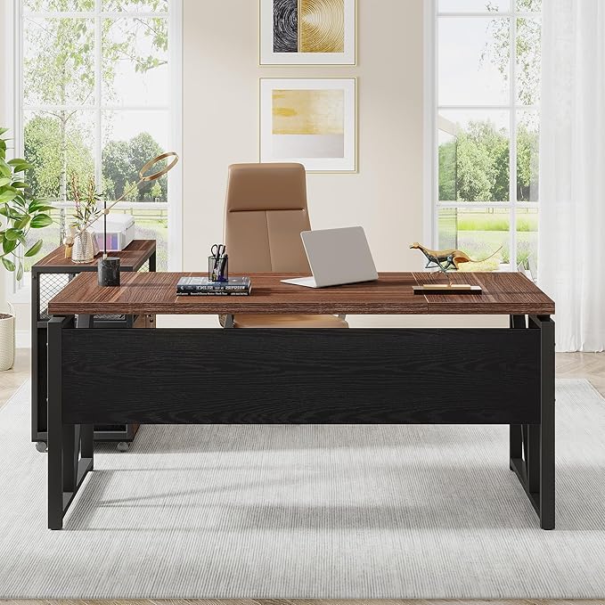 Tribesigns 63" Executive Deskwith Drawer Cabinet, L Shaped Desk and lateral File Cabinet, 2 Piece Home Office Furniture Set with Drawers for Hanging, Doors with Locks (Dark Brown, 63 inches)