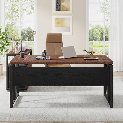 Tribesigns 63" Executive Deskwith Drawer Cabinet, L Shaped Desk and lateral File Cabinet, 2 Piece Home Office Furniture Set with Drawers for Hanging, Doors with Locks (Dark Brown, 63 inches)