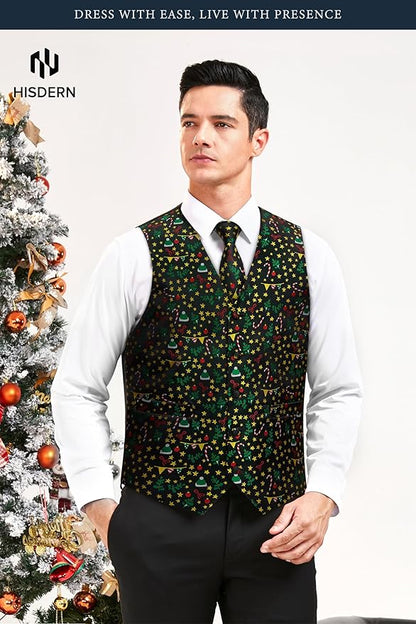 HISDERN Men's Suit Vest Christmas Holiday Season Party Jacquard Waistcoats Necktie Pocket Square Vest Suit Set