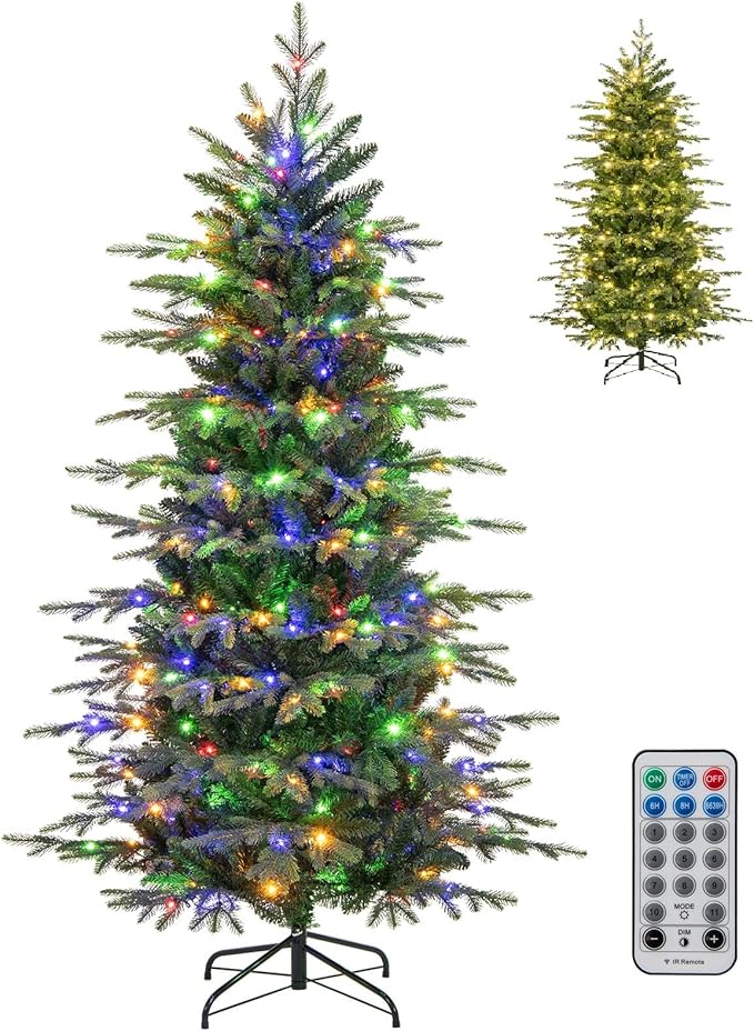 GOFLAME 6FT Prelit Artificial Christmas Tree, Hinged Xmas Tree with 714 PE & PVC Branch Tips, 260 LED Lights, 11 Lighting Modes, Remote, Holiday Decoration Tree with Timer, Adjustable Brightness