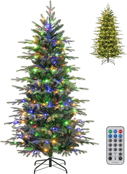 GOFLAME 6FT Prelit Artificial Christmas Tree, Hinged Xmas Tree with 714 PE & PVC Branch Tips, 260 LED Lights, 11 Lighting Modes, Remote, Holiday Decoration Tree with Timer, Adjustable Brightness