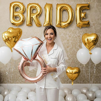 Gold Bridal Shower party decorations with huge 40in Gold BRIDE letter Pearl Balloons BRIDE to be Sash Bridal Veil Diamond Ring Heart shape Balloons For Bachelorette party Wedding supplies