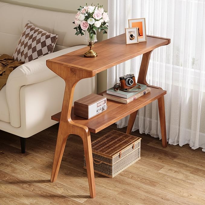 Tribesigns Solid Wood End Table, Modern Side Table for Couch, 2-Tier Narrow Tall End Table, Long Bedside Table for Living Room, Bedroom, Walnut