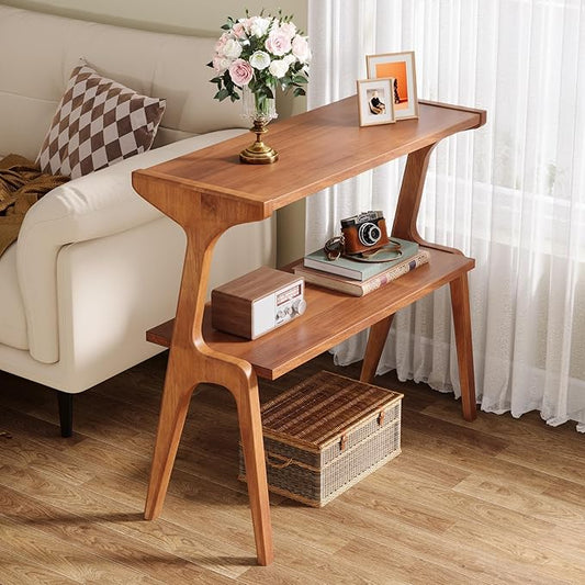 Tribesigns Solid Wood End Table, Modern Side Table for Couch, 2-Tier Narrow Tall End Table, Long Bedside Table for Living Room, Bedroom, Walnut