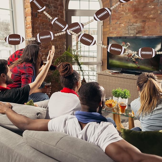 Wood Football Garland Banner Decorations,Football Wood Bead Banner Party Decor,for Wall Fireplace Mantle Home Office Spring Favors Sports Theme Birthday Tailgate Party Game Day Supplies