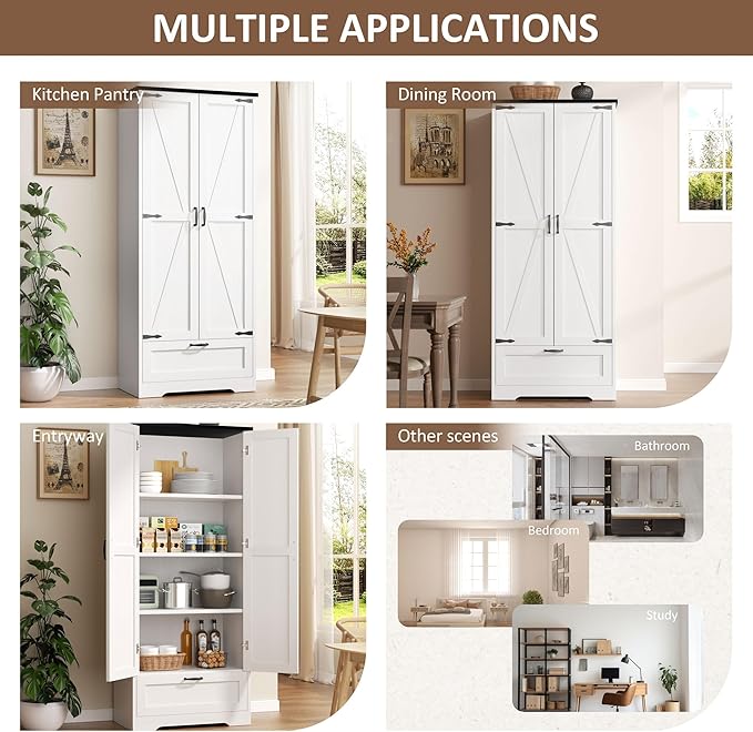 Vongrasig Kitchen Pantry Storage Cabinet with Barn Doors, Drawer and Adjustable Shelves, 4-Tier Tall Rustic Wood Cupboard Locker for Kitchen, Dining Room, Living Room, Bathroom, (White)