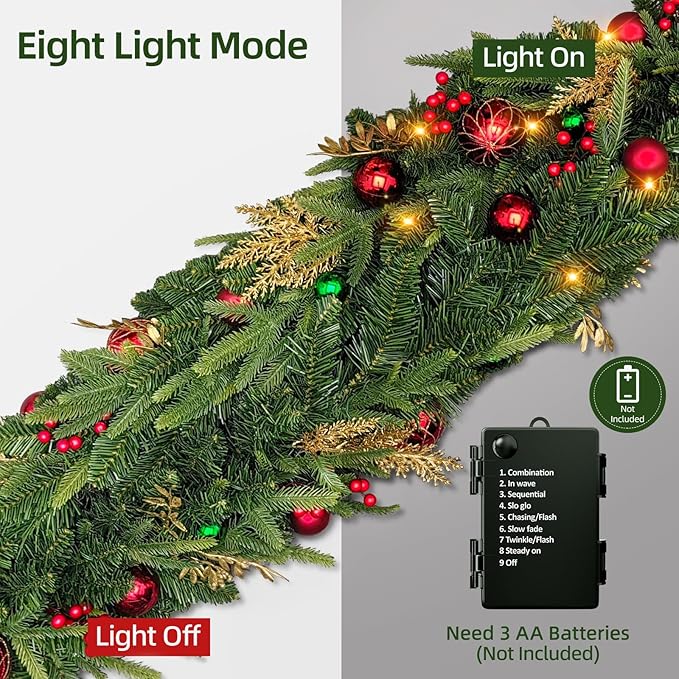 9 FT Pre-lit LED Christmas Garland with 20 Red Balls, Multi-Function Christmas Garland with 50 Warm White LED Lights for Mantle Fireplace Staircase Porch Decor