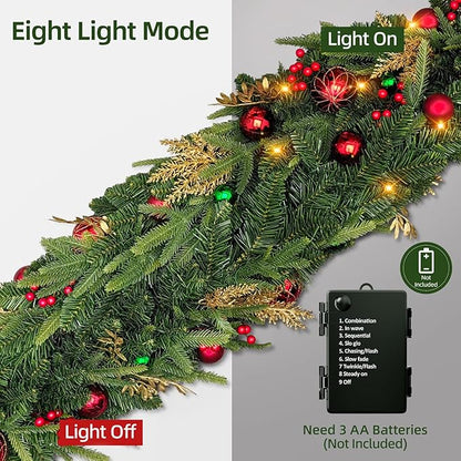 9 FT Pre-lit LED Christmas Garland with 20 Red Balls, Multi-Function Christmas Garland with 50 Warm White LED Lights for Mantle Fireplace Staircase Porch Decor