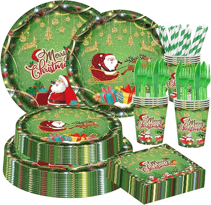 168PCS Christmas Plates and Napkins, Cartoon Santa Claus Snowman Christmas Disposable Dinnerware Set Party Supplies, Green Holiday Paper Plates Napkins Cups Cutlery for Xmas Serves 24
