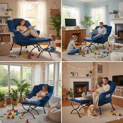 LITA Lazy Chair with Ottoman, Modern Accent Leisure Upholstered Sofa Chair, Contemporary Lounge Reading Chairs with Armrests and a Side Pocket for Living Room, Bedroom & Small Space, Royal Blue